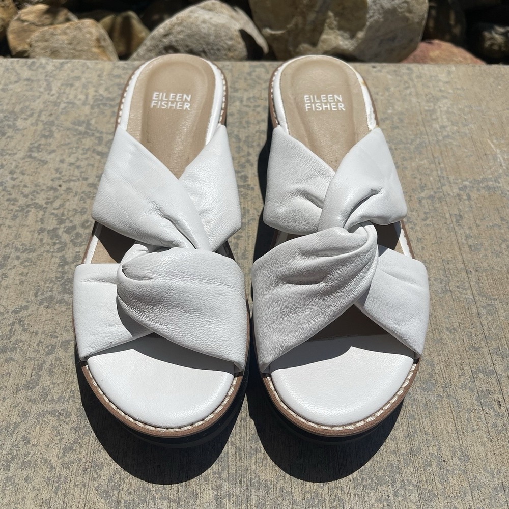 Eileen Fisher Beneβ Leather Platform Wedge Sandal White Leather Size 6.5 Women's
